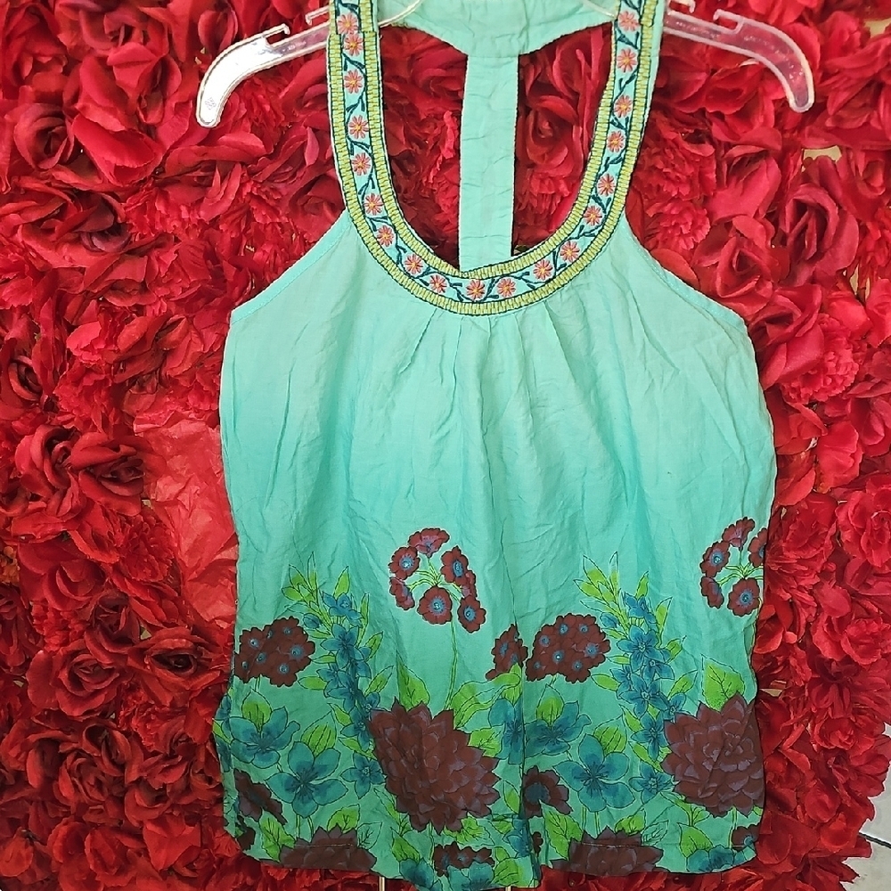American Rag Aqua Floral Embroidered Tank Top Size Medium